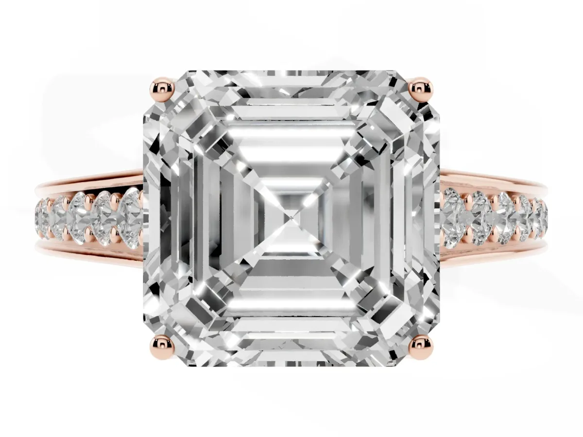 Asscher Cut Brilliant Cut Diamond Engagement Ring with Pavé Band and Four-Prong Setting Rose gold