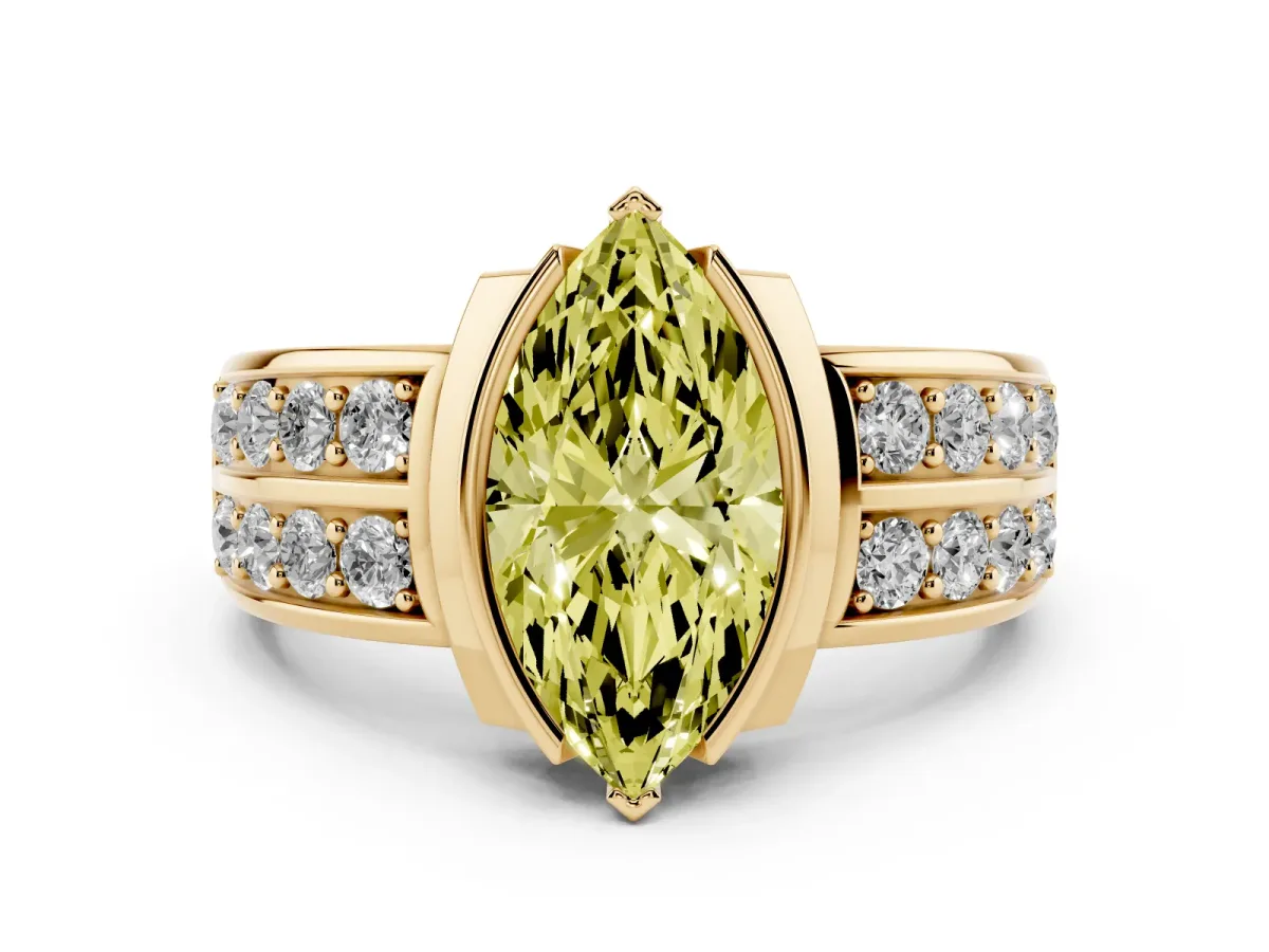 Fancy Yellow Marquise Cut Brilliant Diamond Channel Set Wide Band Ring with Bezel Setting Yellow gold