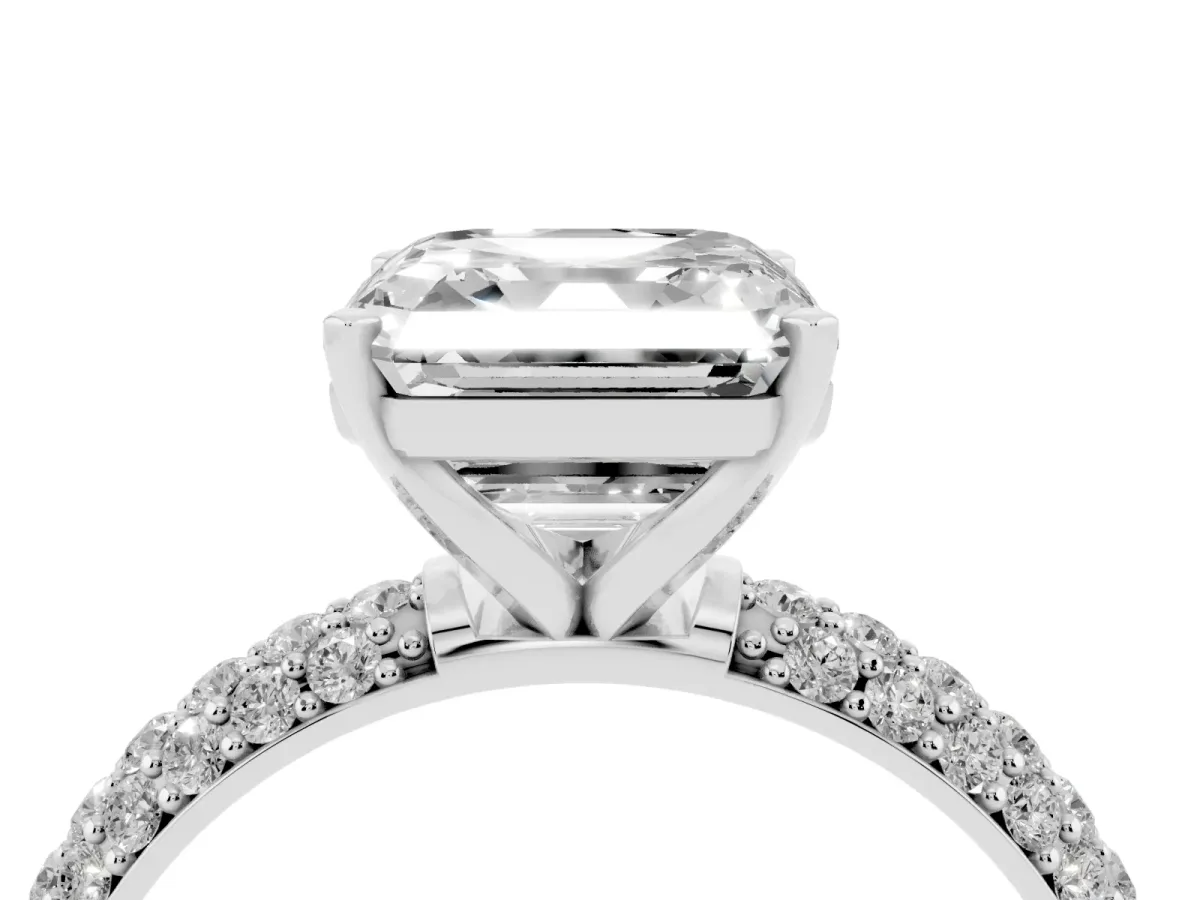 Asscher Cut Diamond Solitaire Ring with Prong Setting and Pavé Band Silver