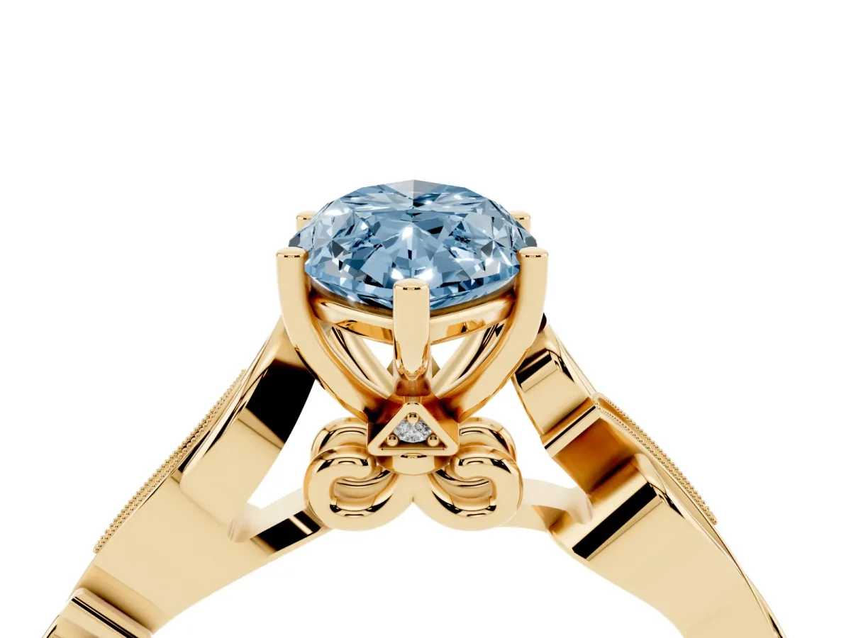 Fancy Blue Marquise Cut Solitaire Vine Band with Milgrain Prong Setting Yellow gold