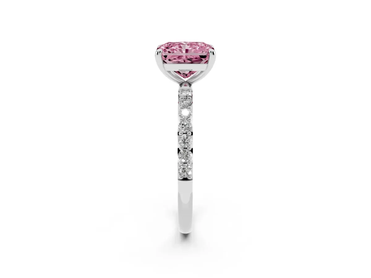 Fancy Pink Radiant Cut Diamond Solitaire Ring with Round Pavé Band and Prong Setting Silver