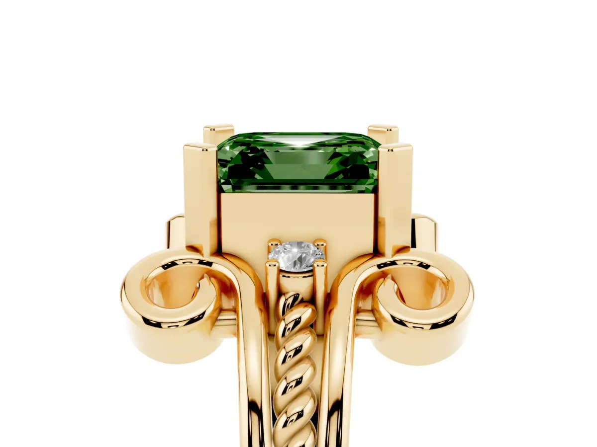 Fancy Green Asscher Cut Solitaire Twisted Band Scroll Prong Ring Yellow gold
