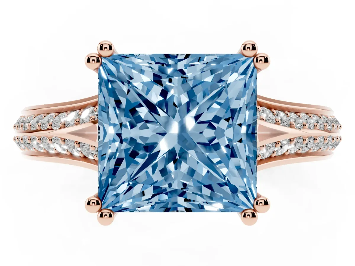 Fancy Blue Princess Cut Diamond Split Shank Engagement Ring with Pavé Band Rose gold
