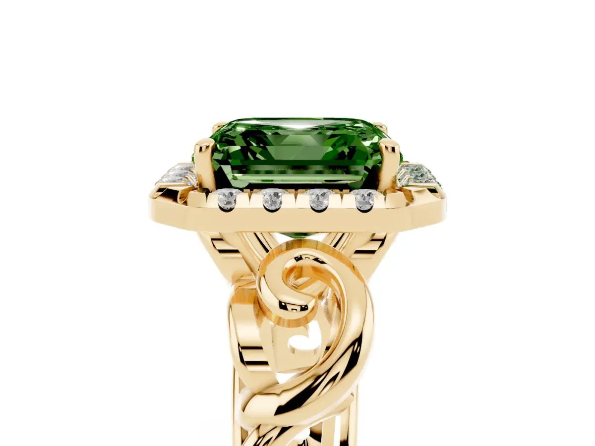 Fancy Green Asscher Cut Cut Halo Diamond Ring with Scrollwork Band and Four-Prong Setting Yellow gold