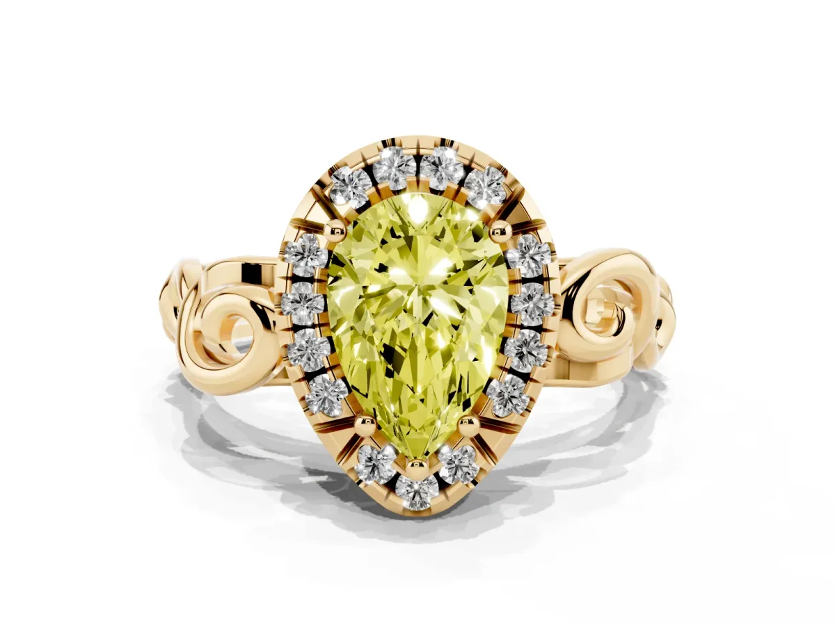 Fancy Yellow Pear Cut Cut Halo Diamond Ring with Scrollwork Band and Four-Prong Setting Yellow gold