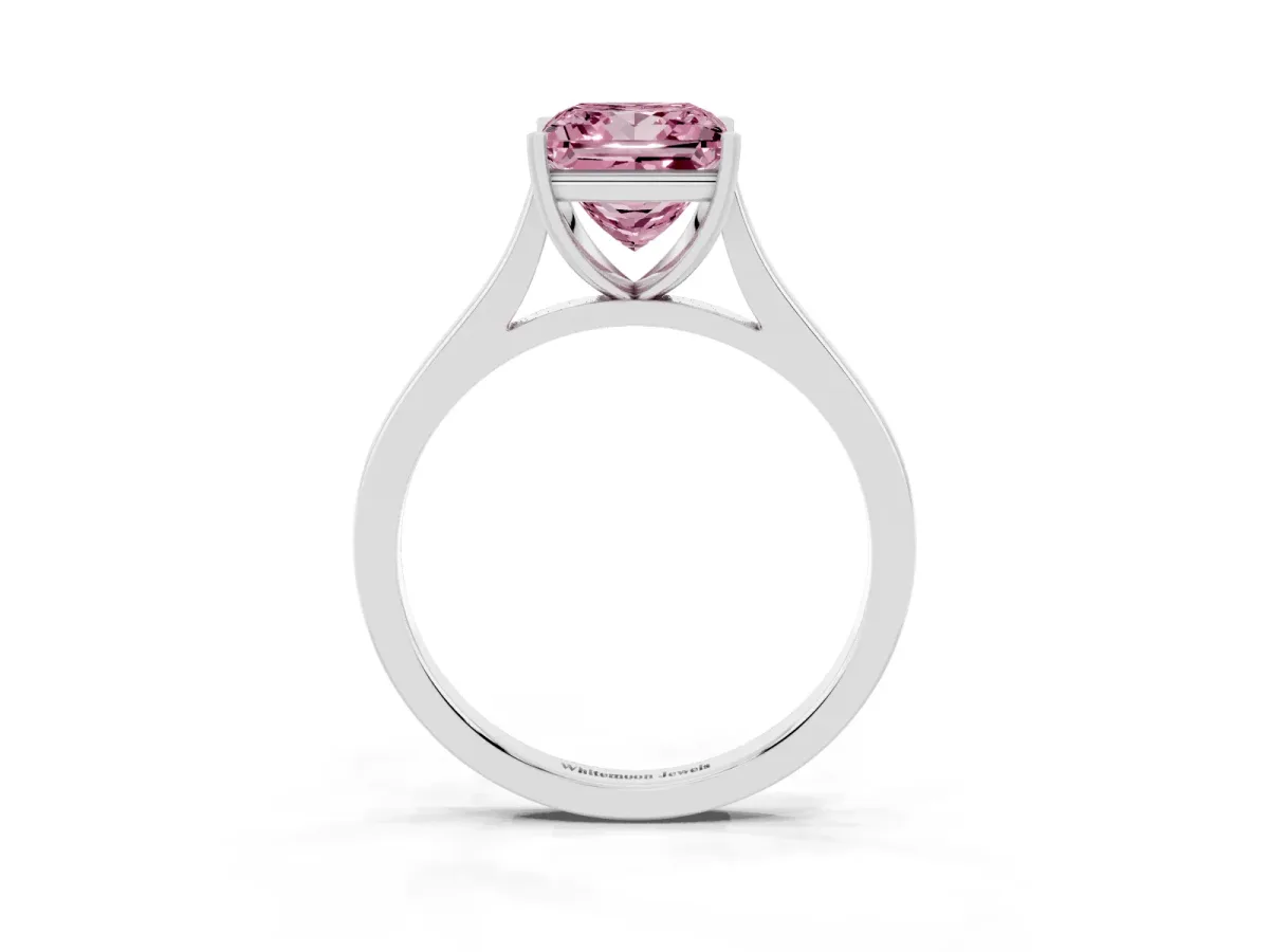 Fancy Pink Princess Cut Solitaire Heart Prong Engagement Ring with Tapered Band White gold