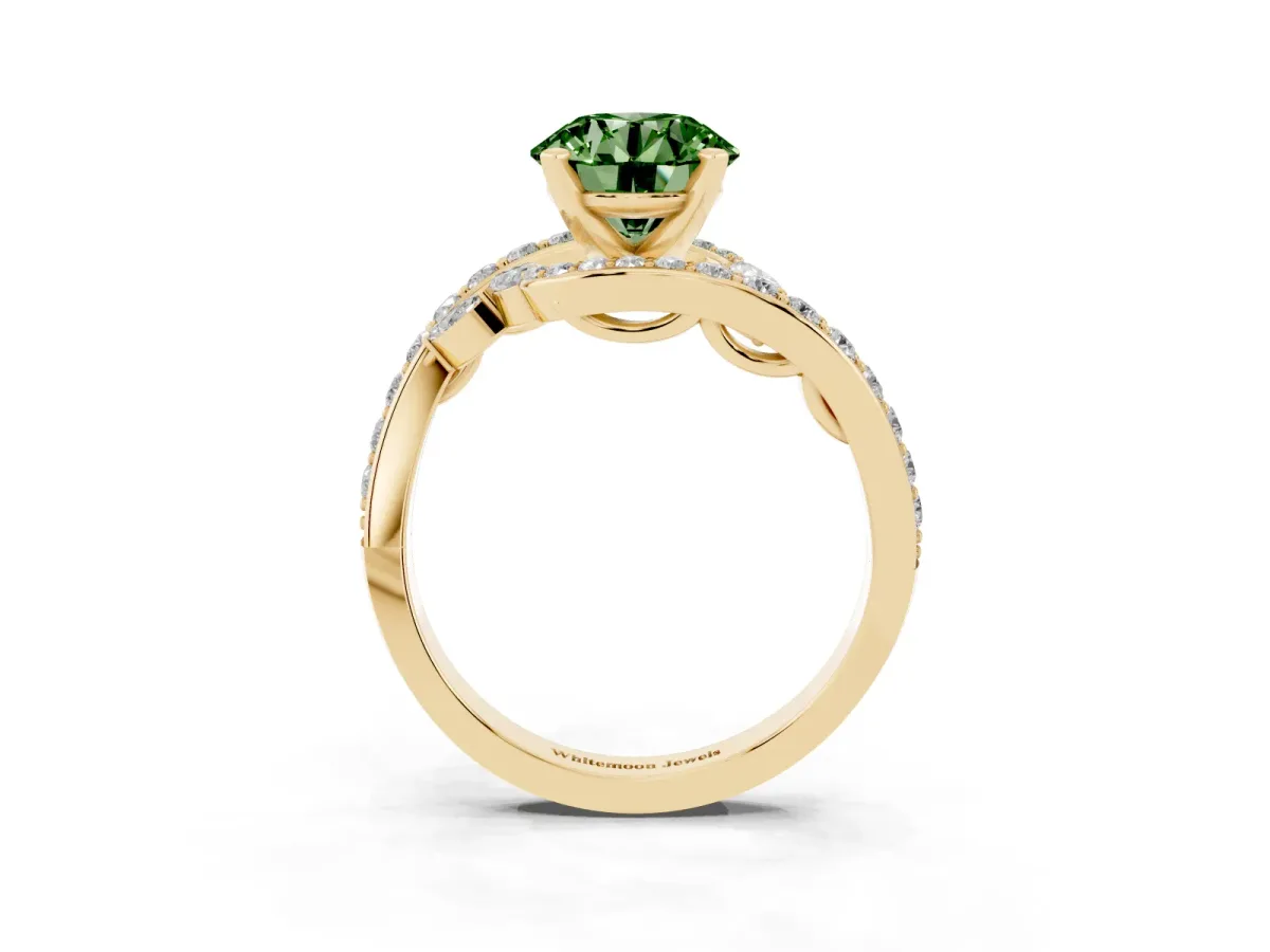 Fancy Green Round Cut Solitaire with Pavé Twist Band and Four-Prong Setting Yellow gold