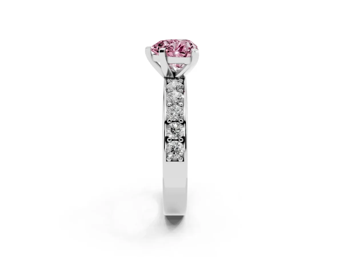 Fancy Pink Heart Cut Diamond Engagement Ring with Channel Set Round Band and Prong Setting White gold