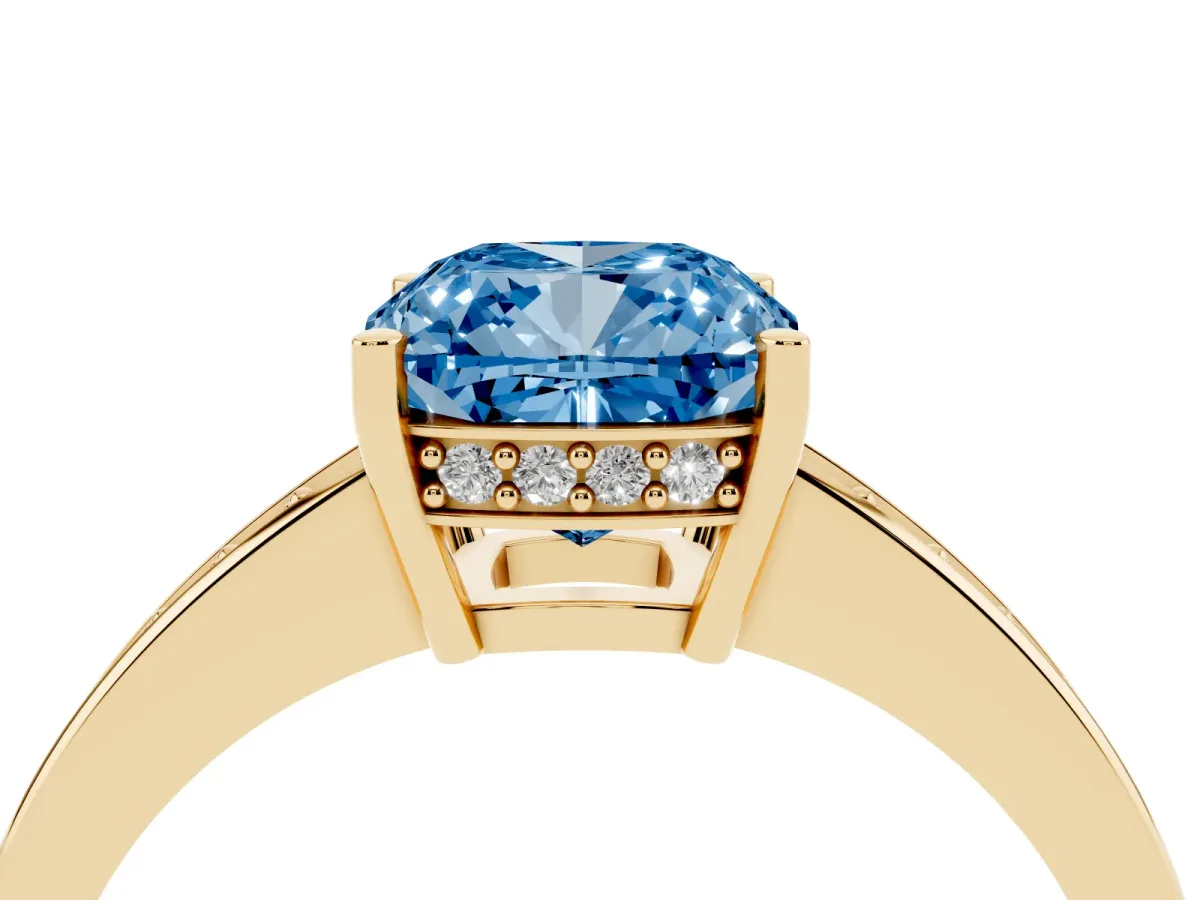 Fancy Blue Cushion Cut Solitaire Pavé Band Prong Setting Ring Yellow gold