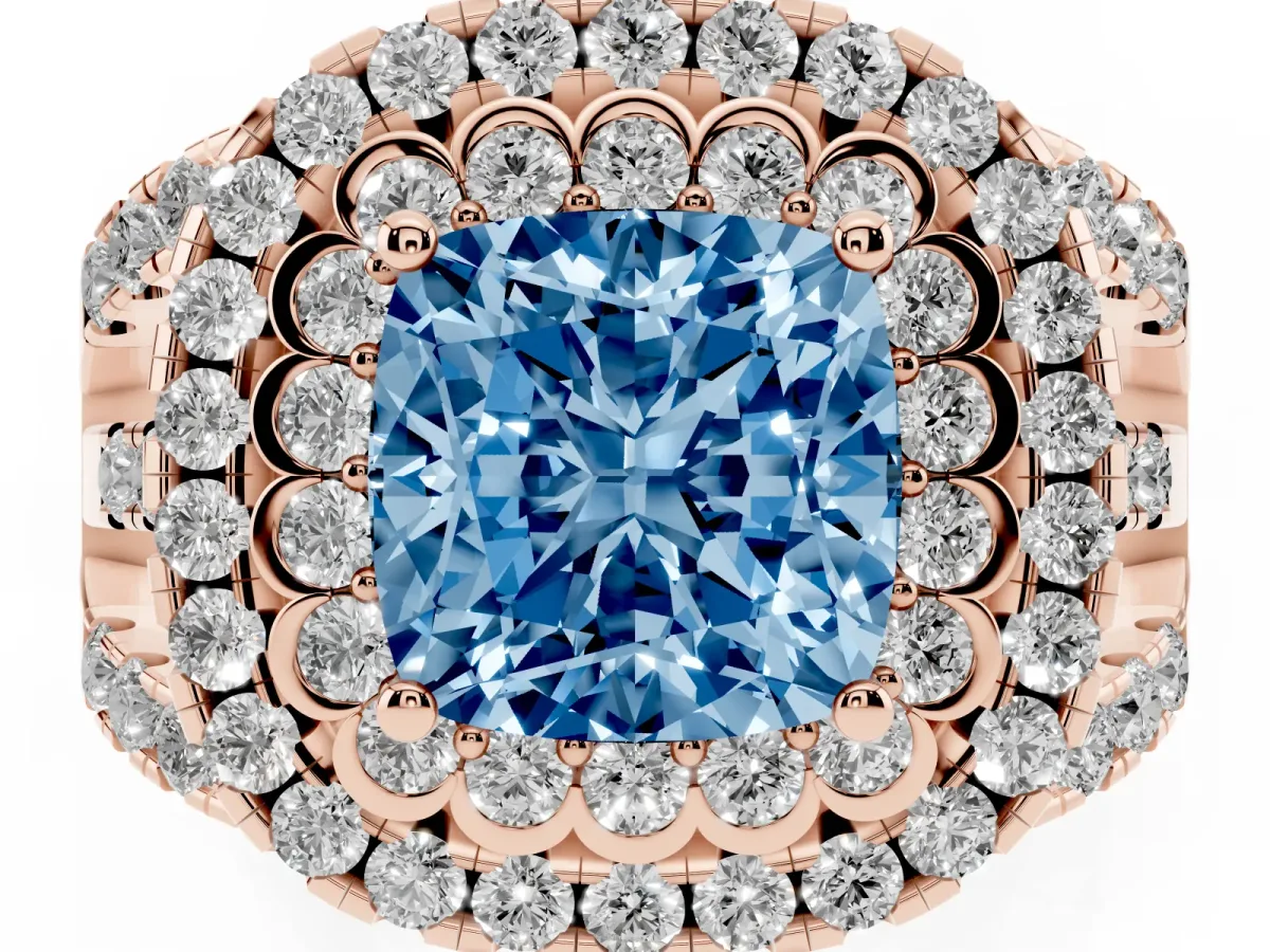 Fancy Blue Cushion Cut Diamond Double Halo Ring with Round Pavé Split Shank and Prong Setting Rose gold