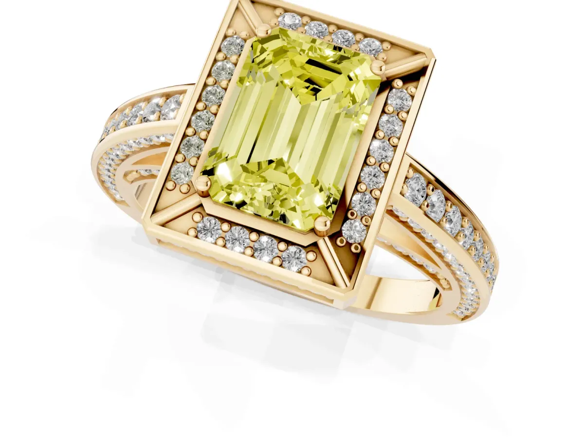 Fancy Yellow Emerald Cut Cut Halo Pave Split Shank Prong Setting Ring Yellow gold