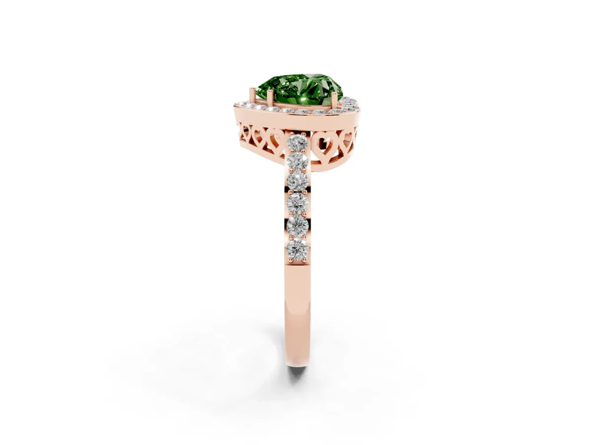 Fancy Green Heart Cut Halo Diamond Pavé Band Ring with Prong Setting Rose gold