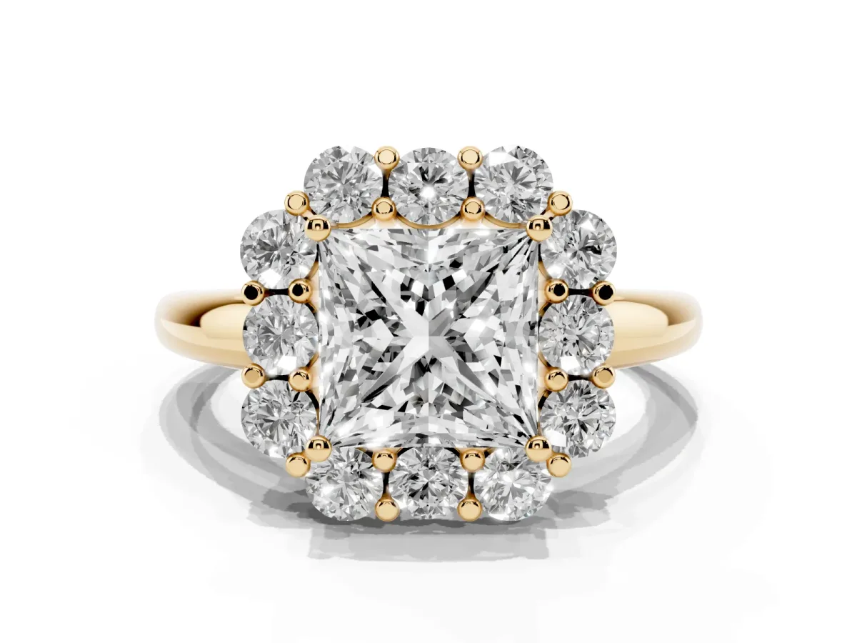 Princess Cut Halo Milgrain Solitaire with Bezel Set Side Stones and Pave Band Yellow gold