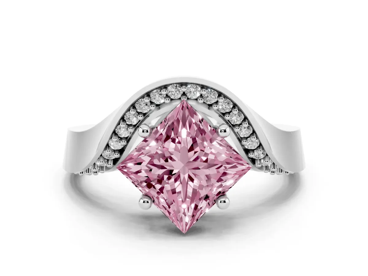 Fancy Pink Princess Cut Solitaire Diamond Engagement Ring with Pave Band and Four-Prong Setting Platinum