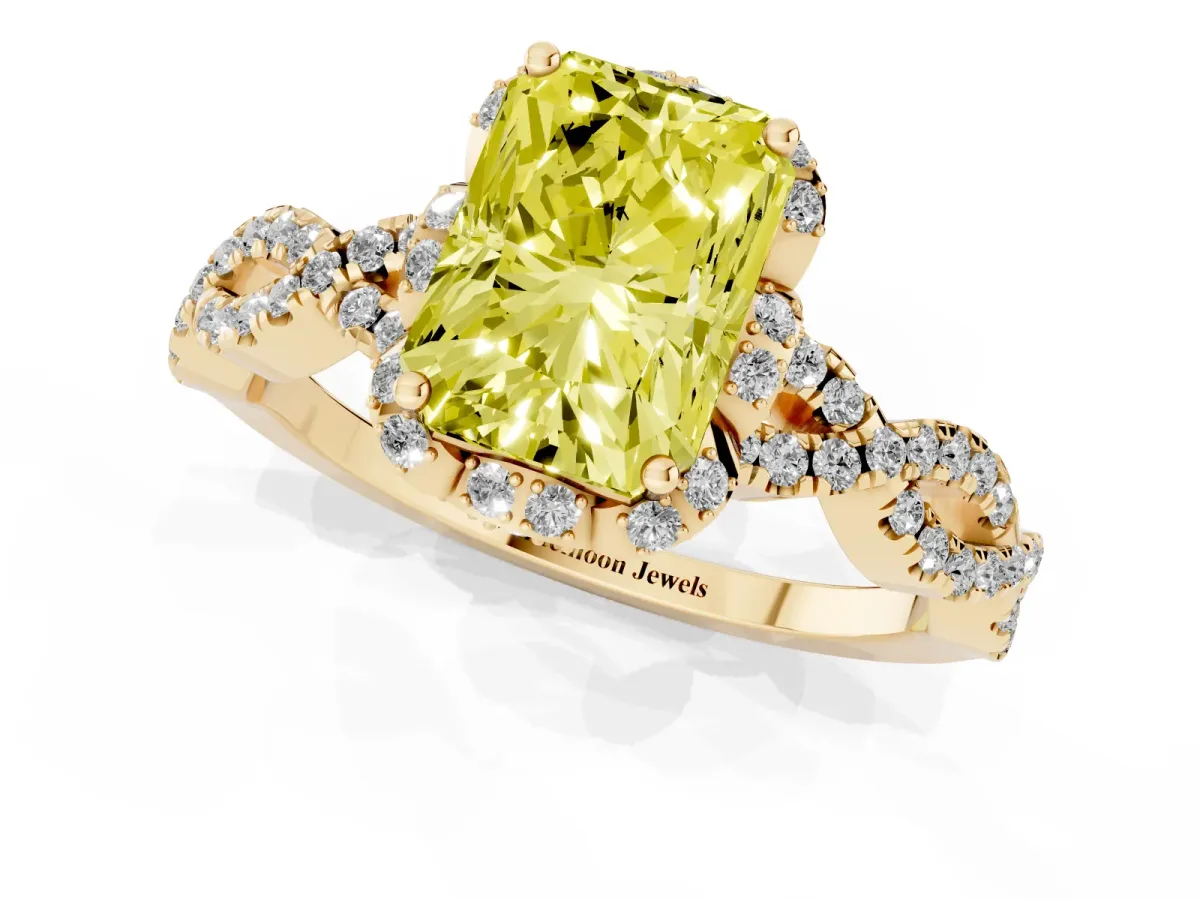 Fancy Yellow Radiant Cut Halo Twist Band Solitaire Ring with Six-Prong Setting Yellow gold