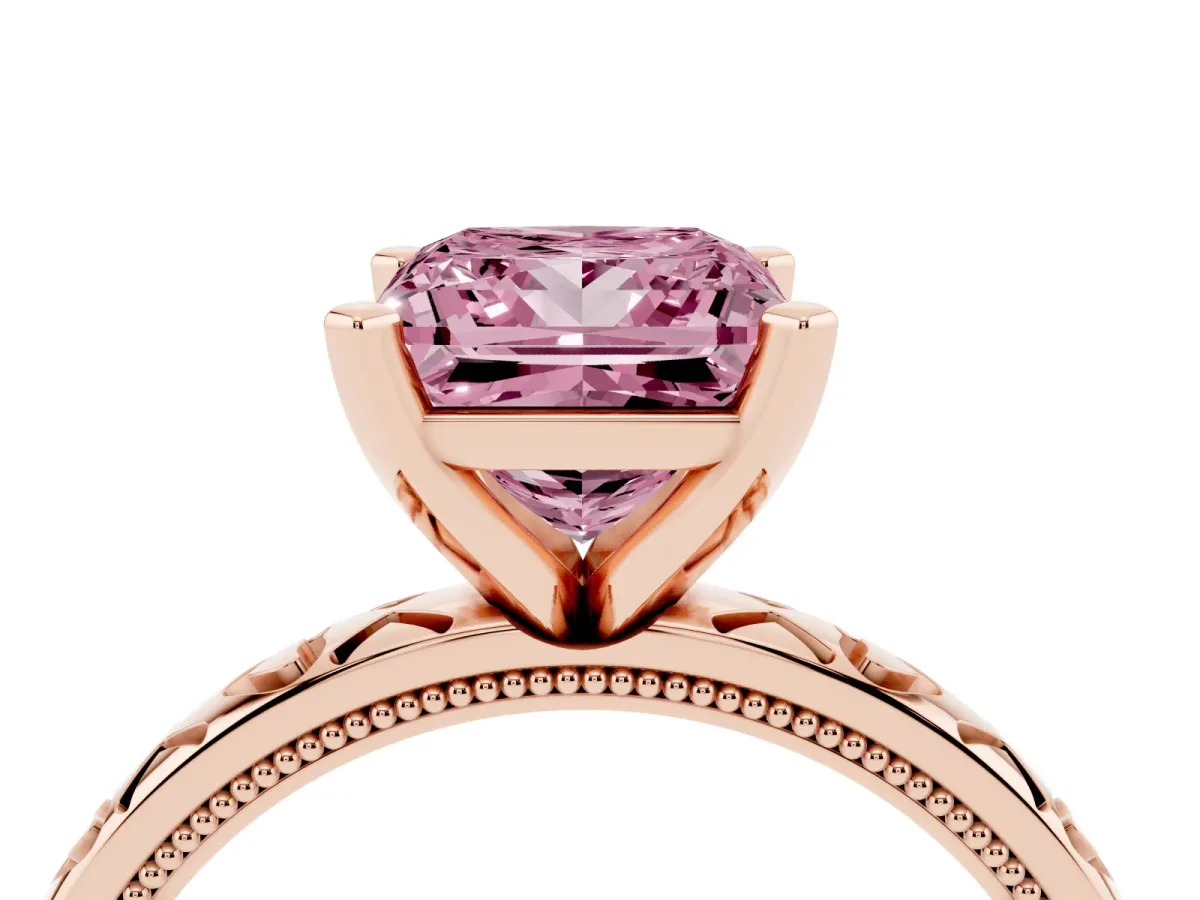 Fancy Pink Princess Cut Solitaire Diamond Engagement Ring with XO Engraved Band and Four-Prong Setting Rose gold
