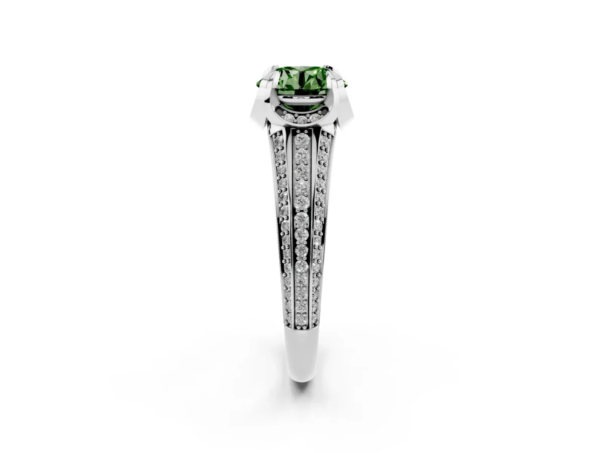 Fancy Green Round Cut Solitaire Pave Split Shank Ring with Four-Prong Setting Platinum