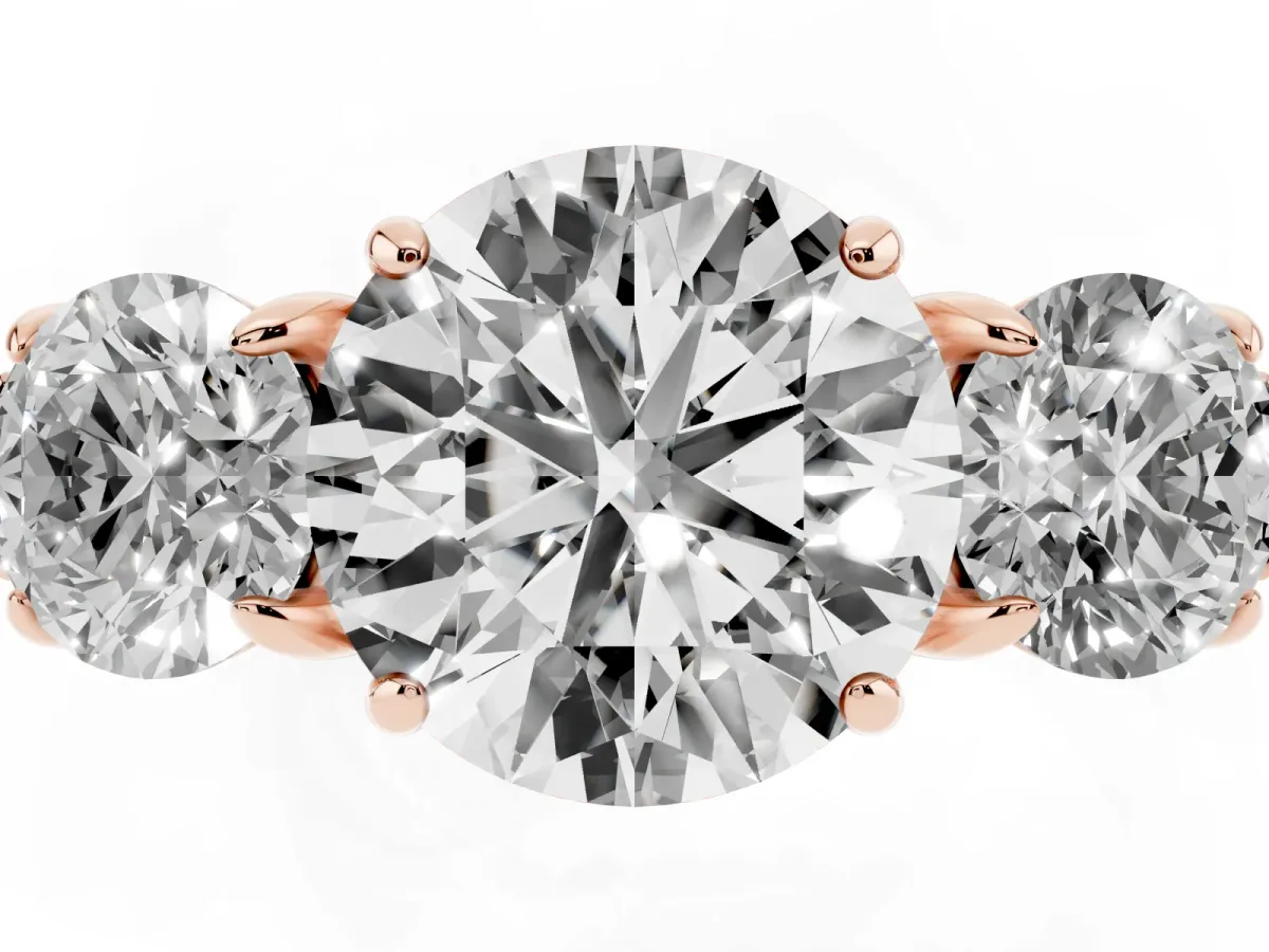Three-Stone Round Cut Cut Diamond Ring with Round Accent Stones, Prong Setting, and Classic Band Rose gold
