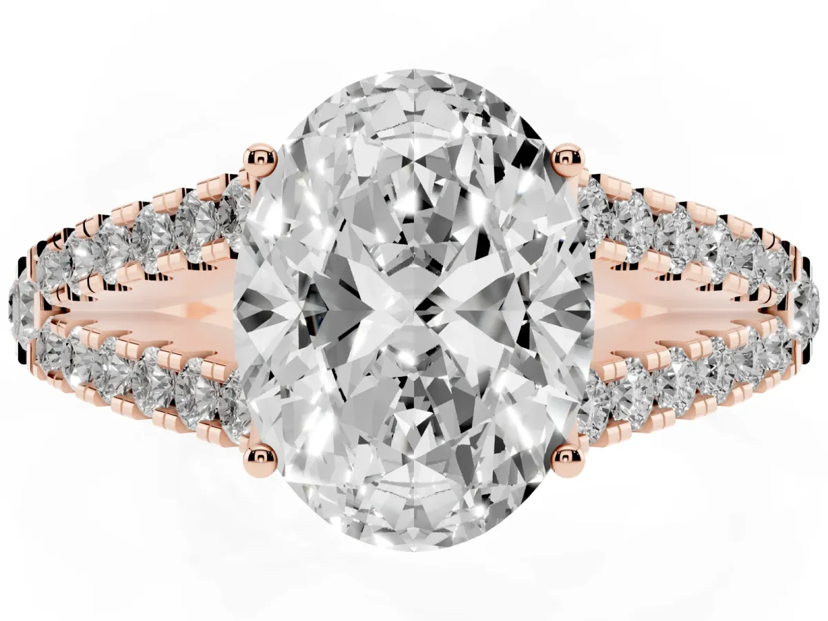 Oval Cut Diamond Split Shank Pavé Engagement Ring with Four-Prong Setting Rose gold