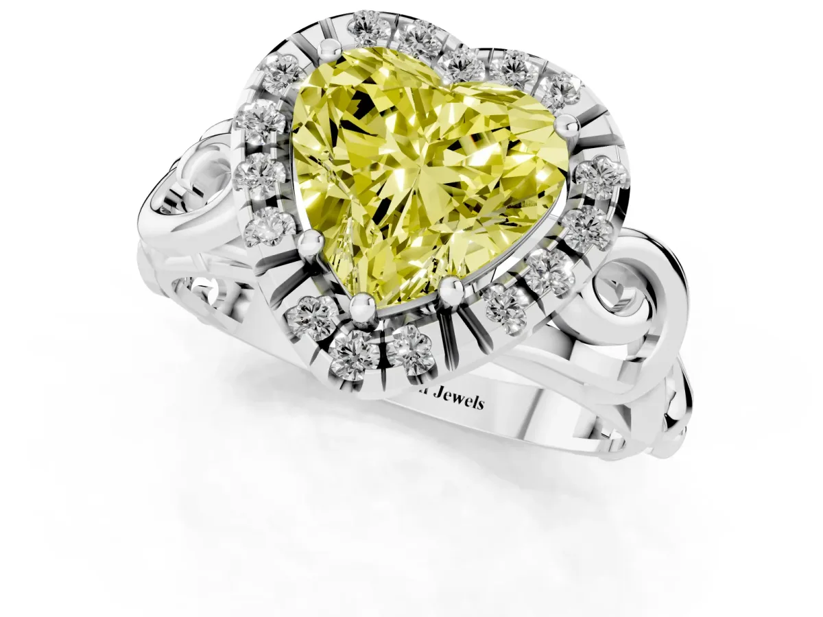 Fancy Yellow Heart Cut Cut Halo Diamond Ring with Scrollwork Band and Four-Prong Setting Silver