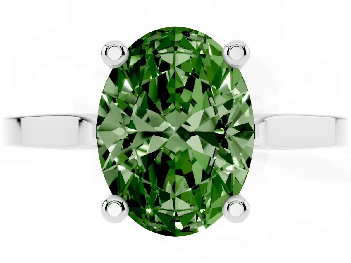 Fancy Green Oval Cut Solitaire Diamond Ring with Four-Prong Setting and Tapered Band Platinum