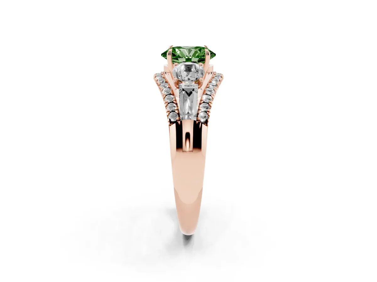Fancy Green Three-Stone Oval Cut Diamond Engagement Ring with Pave Band and Prong Setting Rose gold