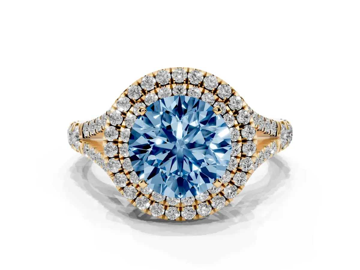 Fancy Blue Round Cut Diamond Pavé Split Shank Double Halo Engagement Ring Yellow gold