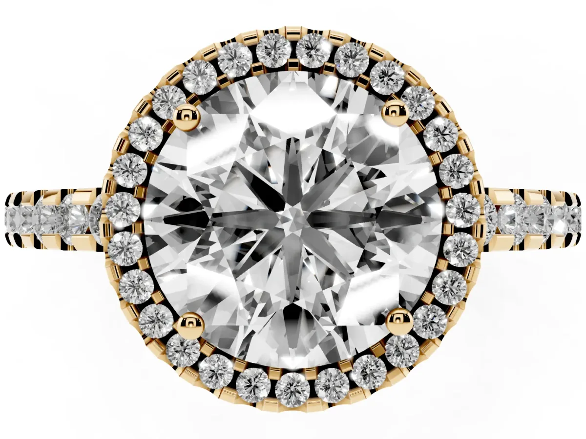 Round Cut Diamond Halo Engagement Ring with Pavé Band and Prong Setting Yellow gold