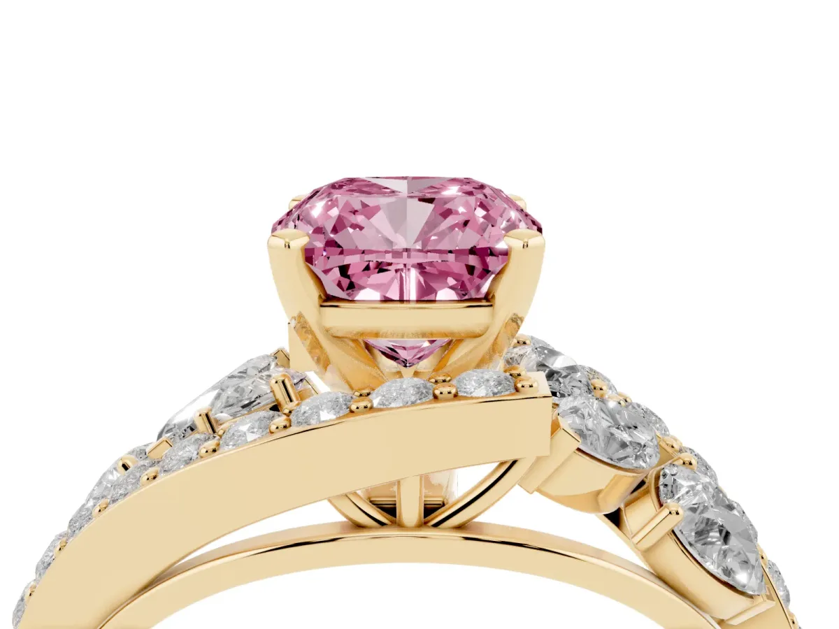 Fancy Pink Cushion Cut Diamond Halo Ring with Marquise and Pavé Band in Prong Setting Yellow gold