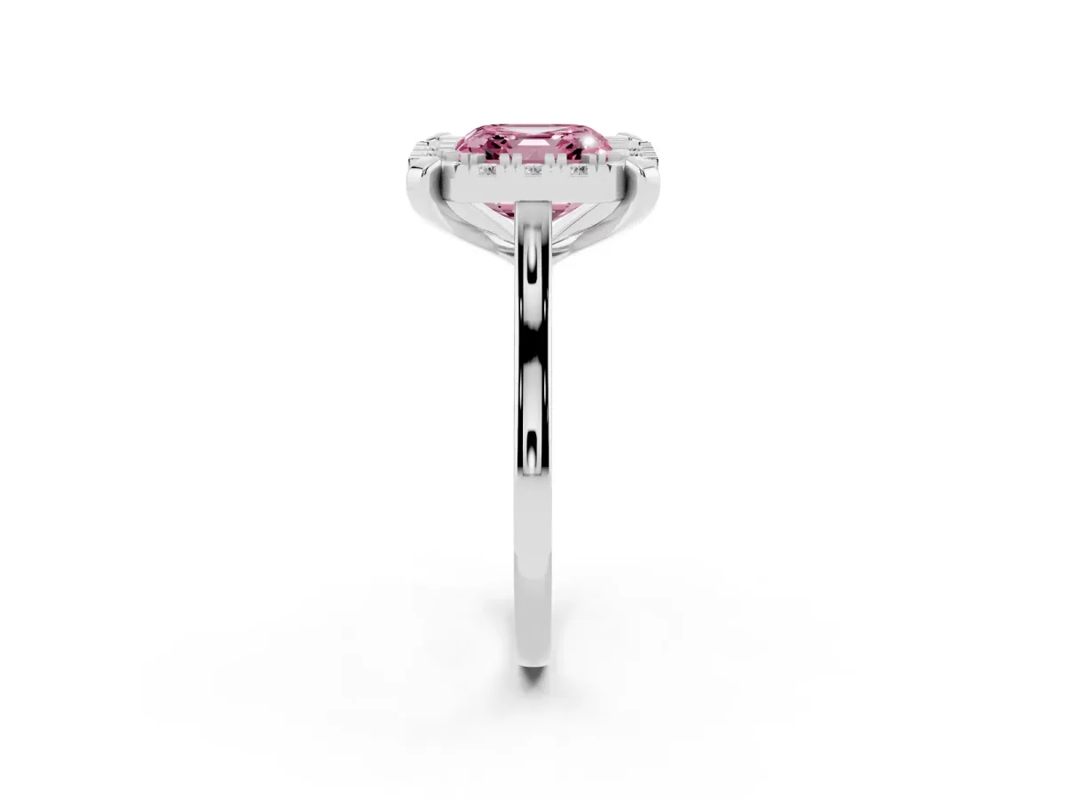 Fancy Pink Asscher Cut Diamond Cluster Halo Solitaire with Four-Prong Setting Platinum