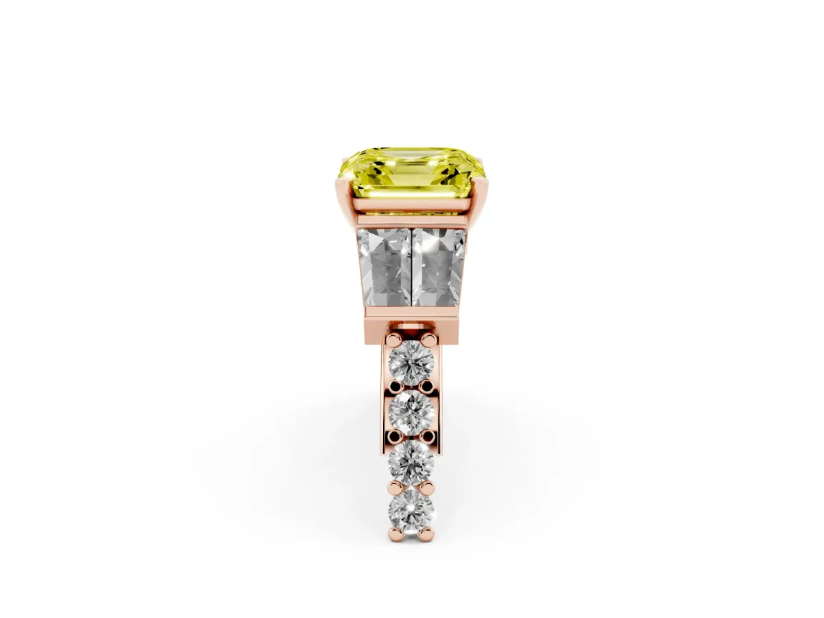 Fancy Yellow Asscher Cut Diamond Engagement Ring with Baguette Side Stones and Channel Set Band Rose gold
