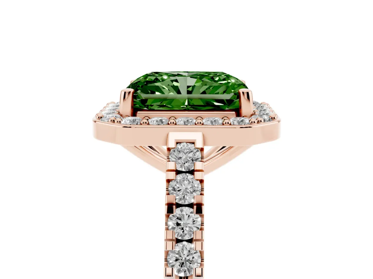 Fancy Green Radiant Cut Diamond Halo Ring with Round Pavé Split Shank and Prong Setting Rose gold