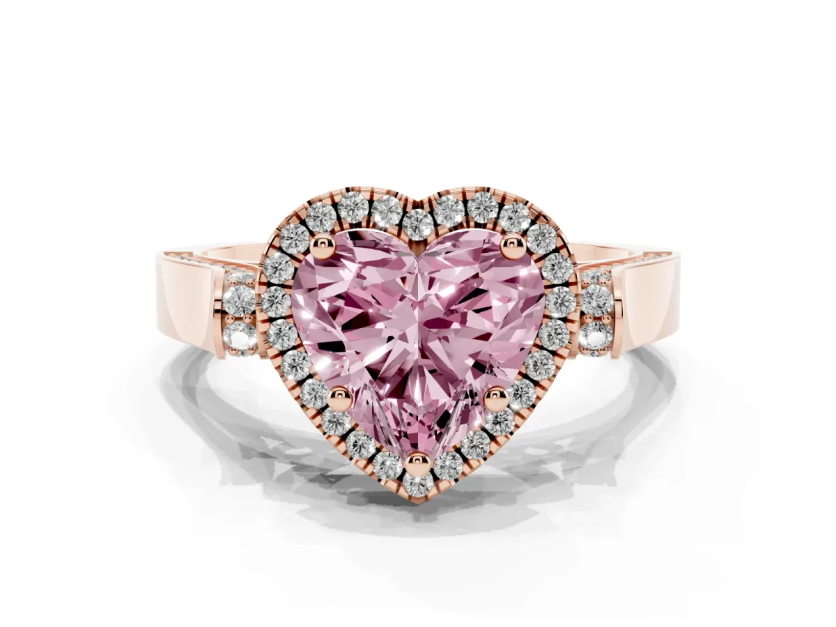 Fancy Pink Heart Cut Halo Pave Split Shank Prong Setting Ring Rose gold