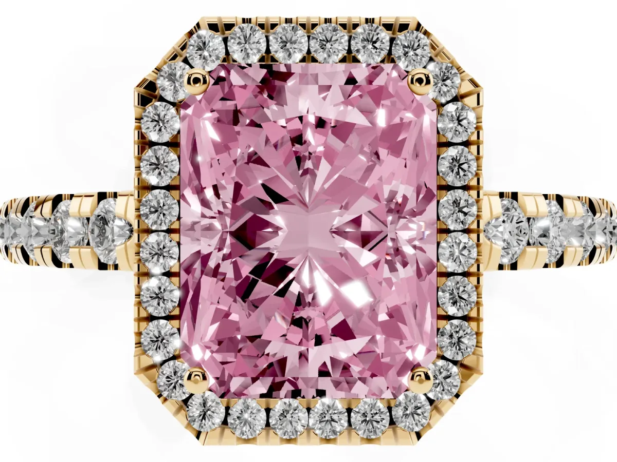 Fancy Pink Radiant Cut Diamond Halo Ring with Pavé Band and Four-Prong Setting Yellow gold