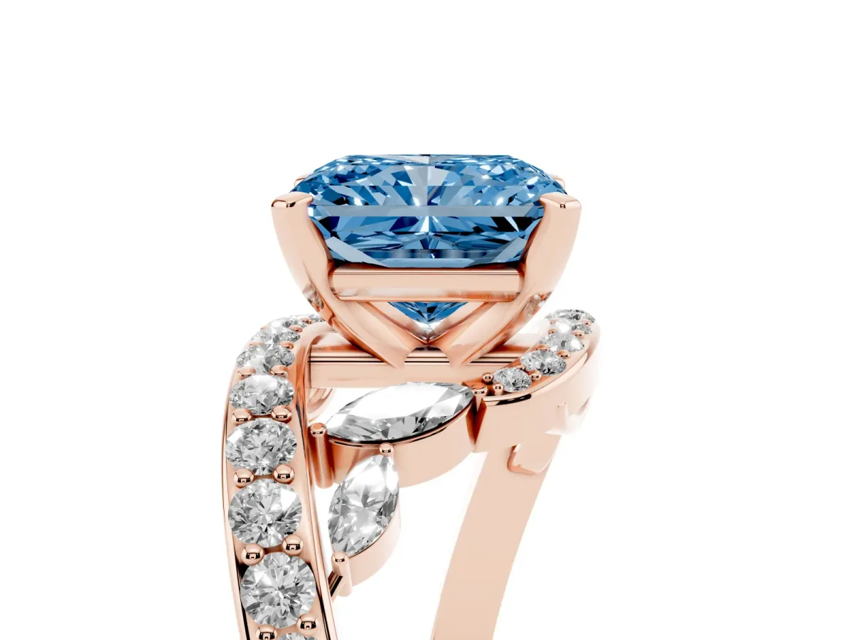 Fancy Blue Radiant Cut Solitaire with Pavé Twist Band and Four-Prong Setting Rose gold