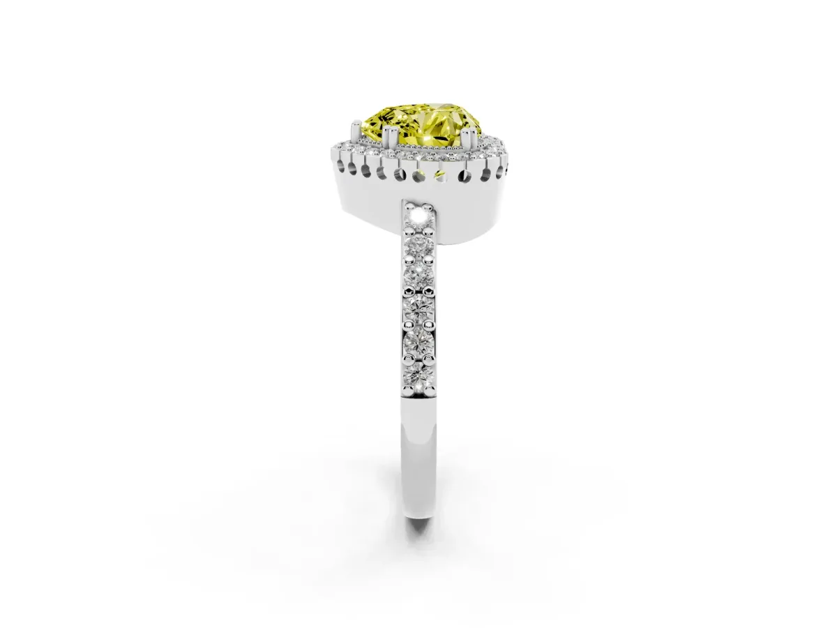 Fancy Yellow Heart Cut Cut Diamond Halo Engagement Ring with Milgrain Detail and Pavé Band Silver