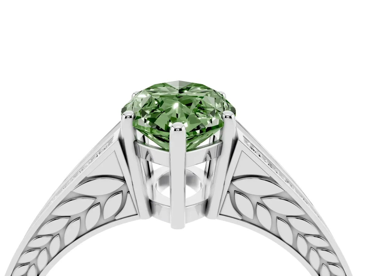 Fancy Green Marquise Cut Diamond Split Shank Ring with Pavé Band and Four-Prong Setting White gold