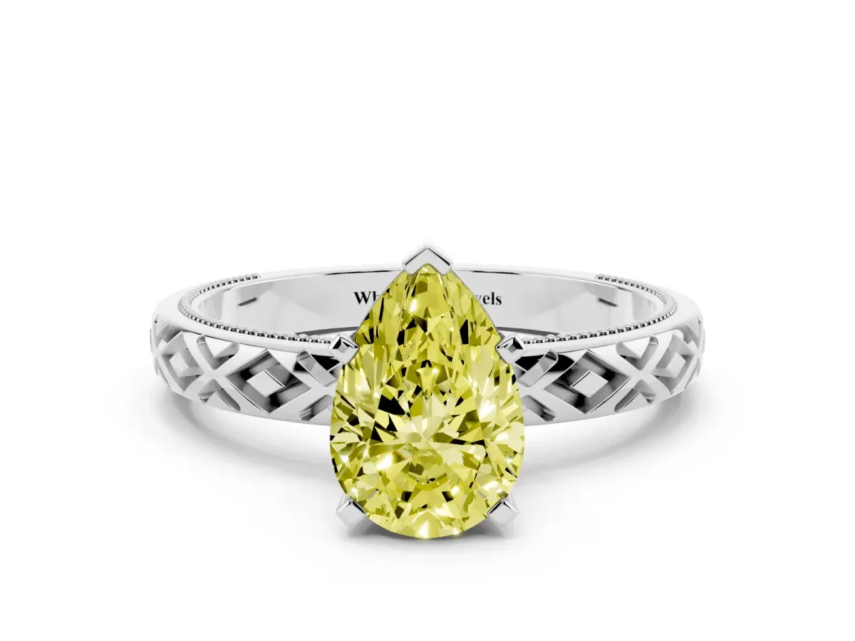 Fancy Yellow Pear Cut Solitaire Diamond Ring with Milgrain and Black Enamel X Pattern Band Silver