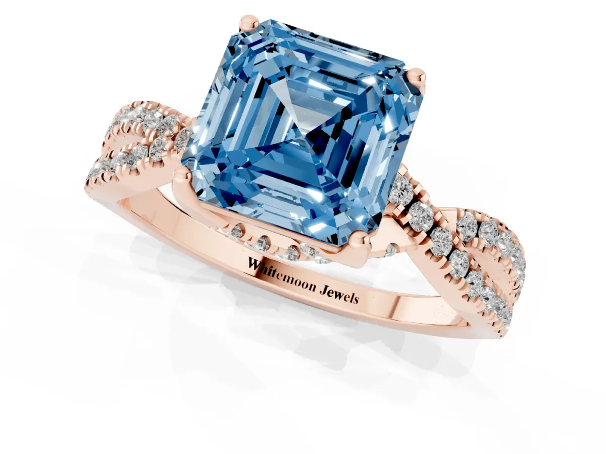 Fancy Blue Asscher Cut Solitaire Twist Pave Diamond Engagement Ring with Prong Setting Rose gold