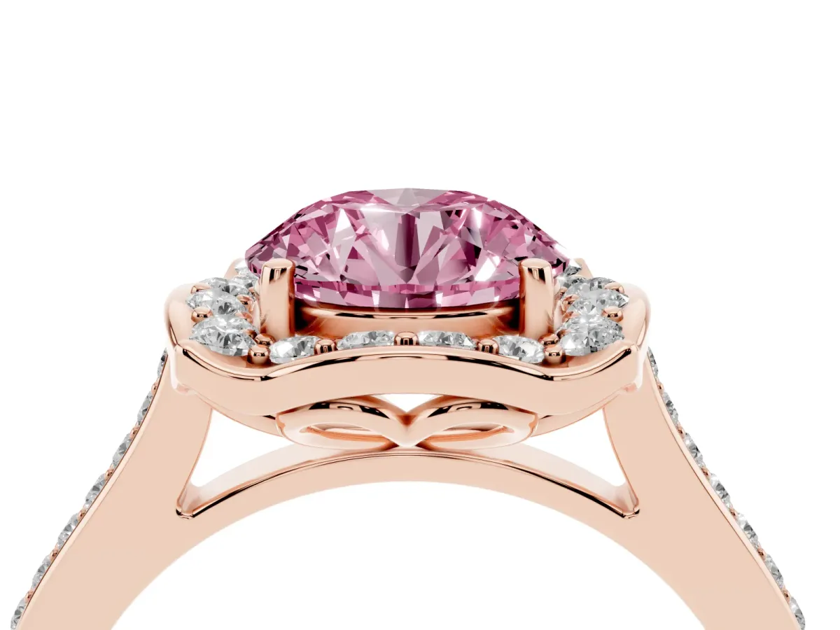 Fancy Pink Round Cut Halo Round Diamond Pave Band with Four-Prong Setting Rose gold