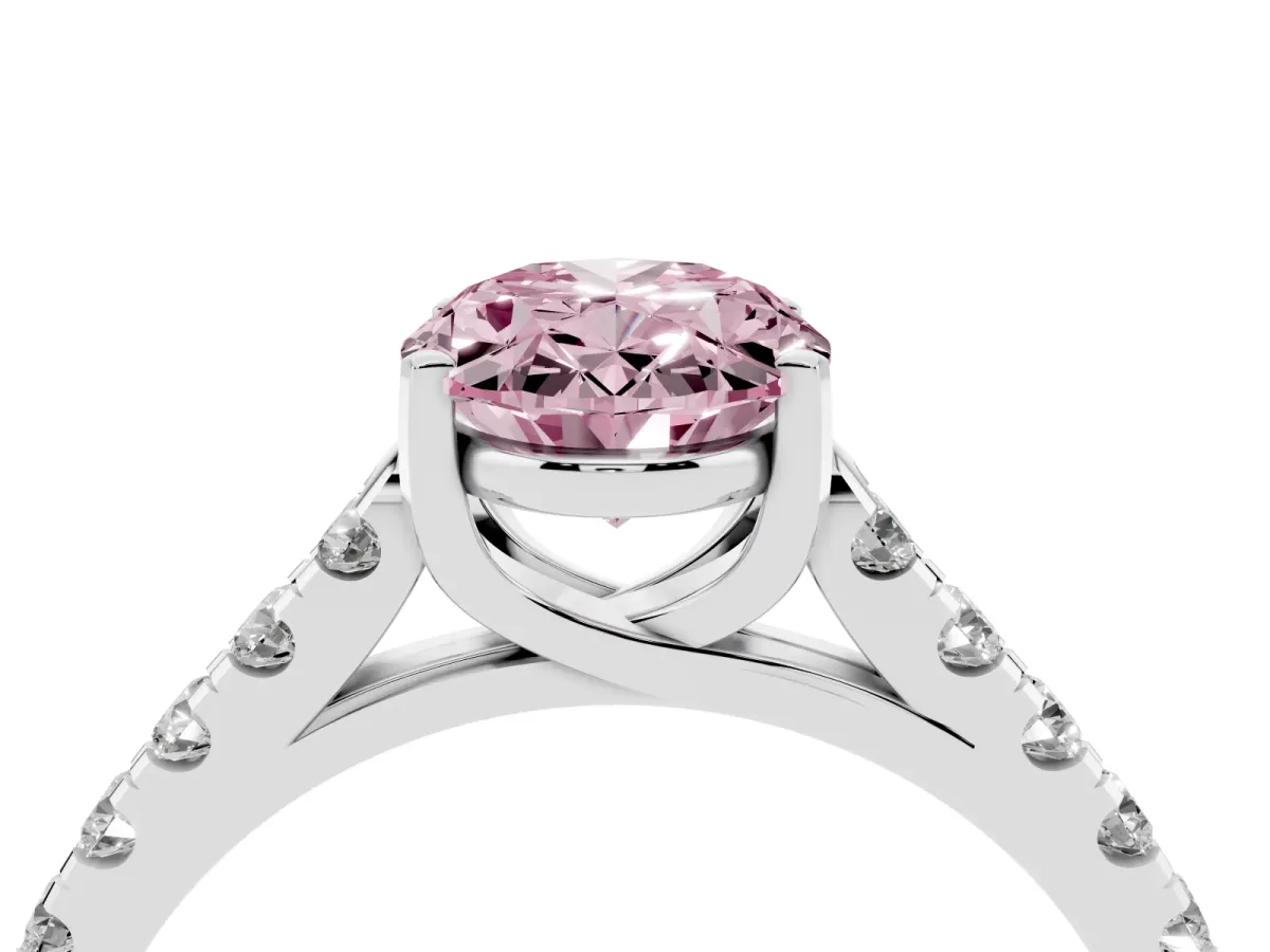 Fancy Pink Oval Cut Diamond Pavé Band Solitaire Ring with Prong Setting White gold