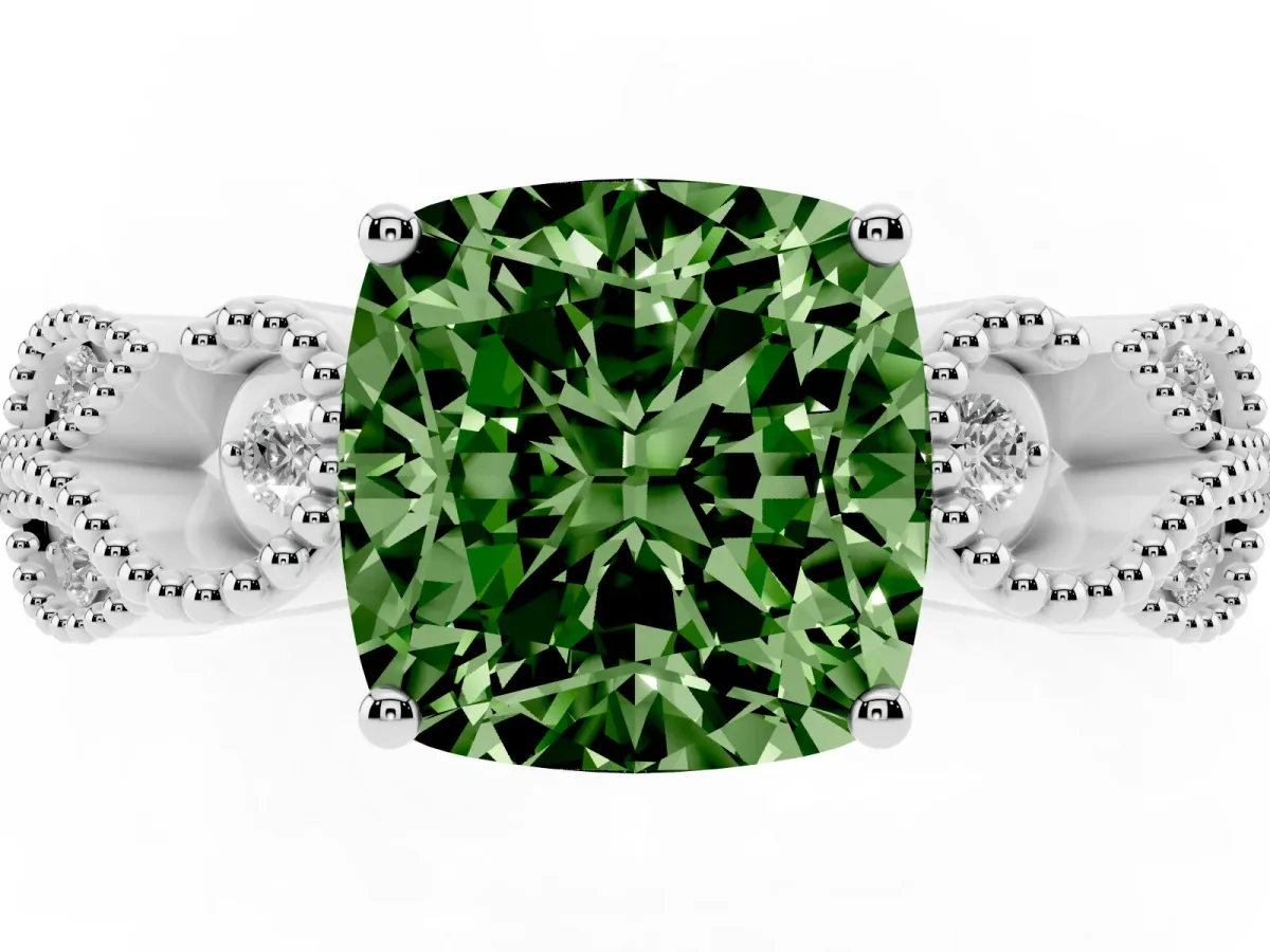 Fancy Green Cushion Cut Solitaire Milgrain Leaf Band with Prong Setting Silver