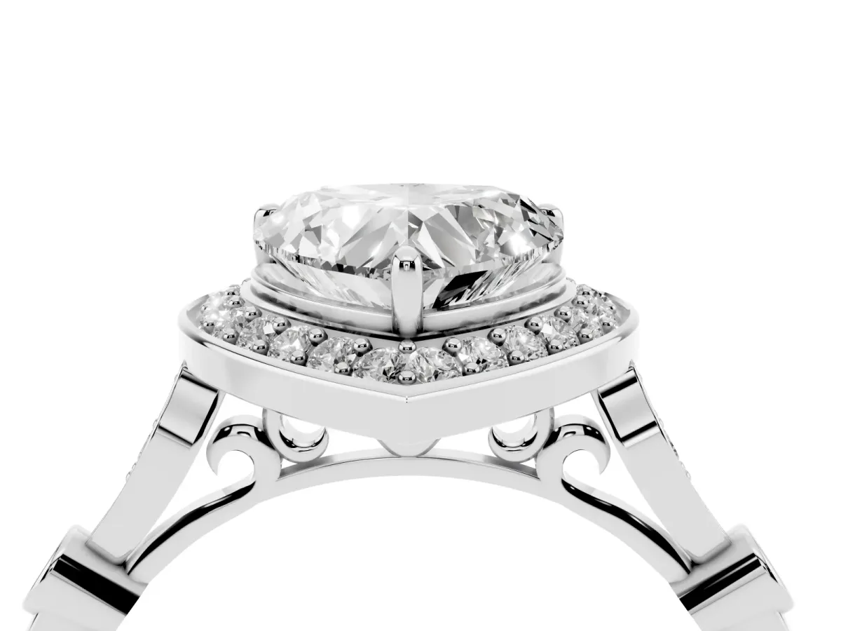 Heart Cut Halo Diamond Engagement Ring with Twisted Band and Four-Prong Setting White gold