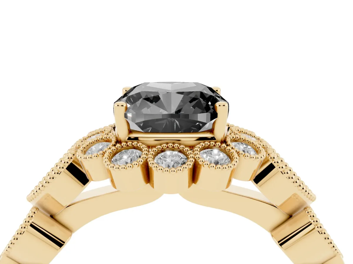 Fancy Black Cushion Cut Brilliant Milgrain Pave Heart Band Solitaire Ring Yellow gold