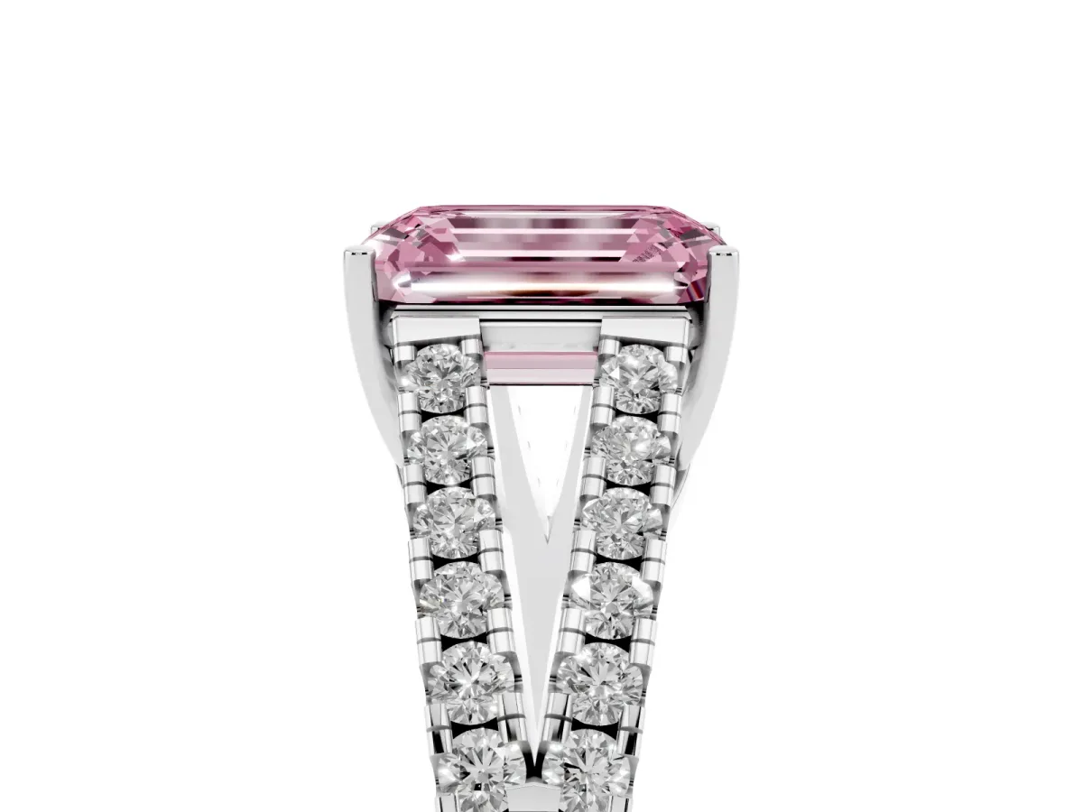 Fancy Pink Emerald Cut Diamond Split Shank Pavé Engagement Ring with Four-Prong Setting Platinum