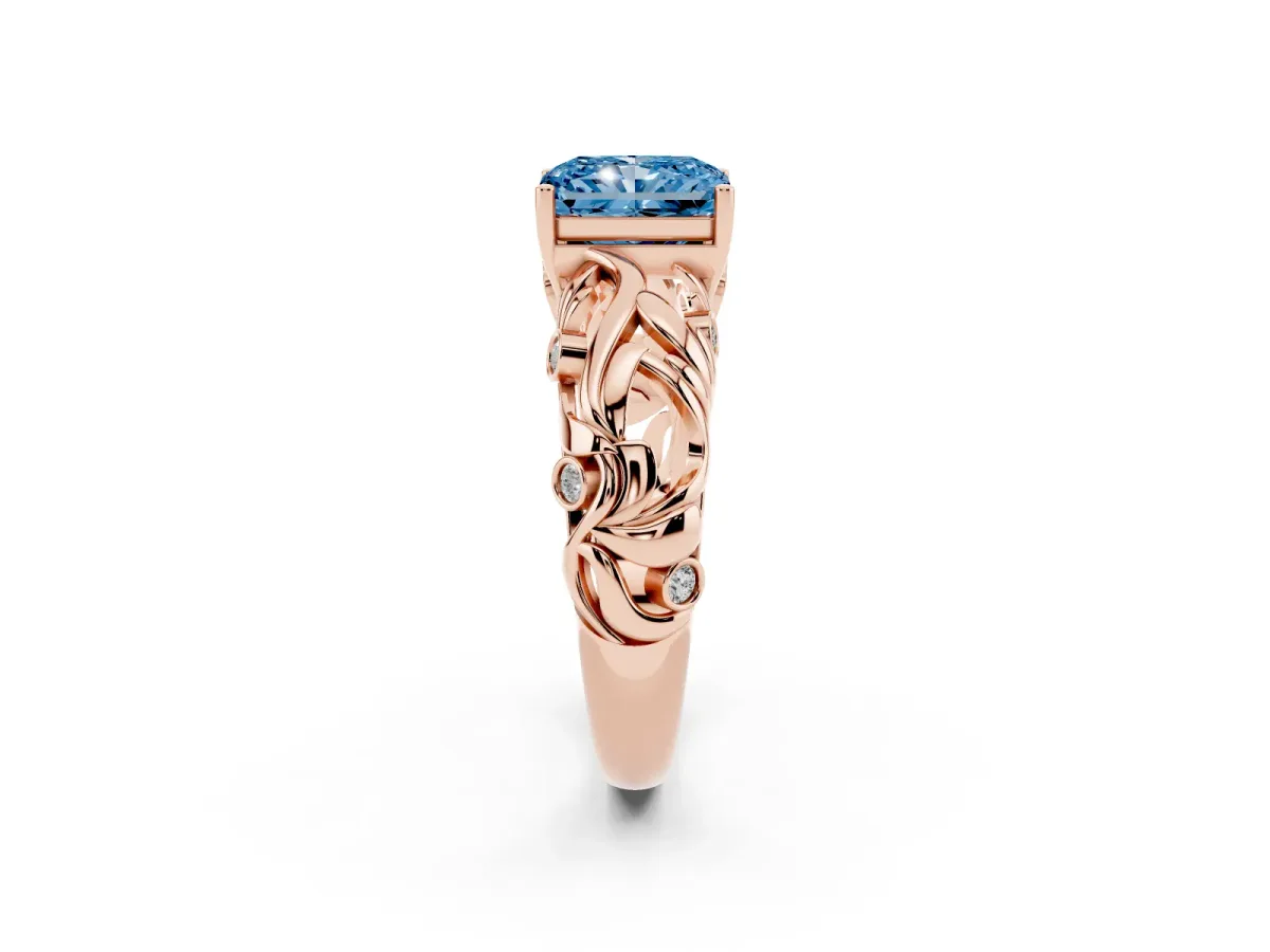 Fancy Blue Radiant Cut Solitaire Diamond Leaf-Inspired Vine Band Ring with Prong Setting Rose gold