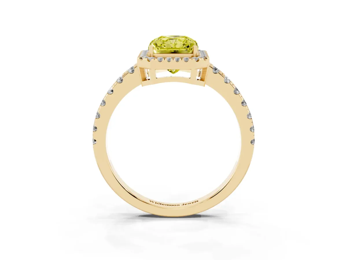 Fancy Yellow Radiant Cut Diamond Halo Ring with Pavé Band and Four-Prong Setting Yellow gold