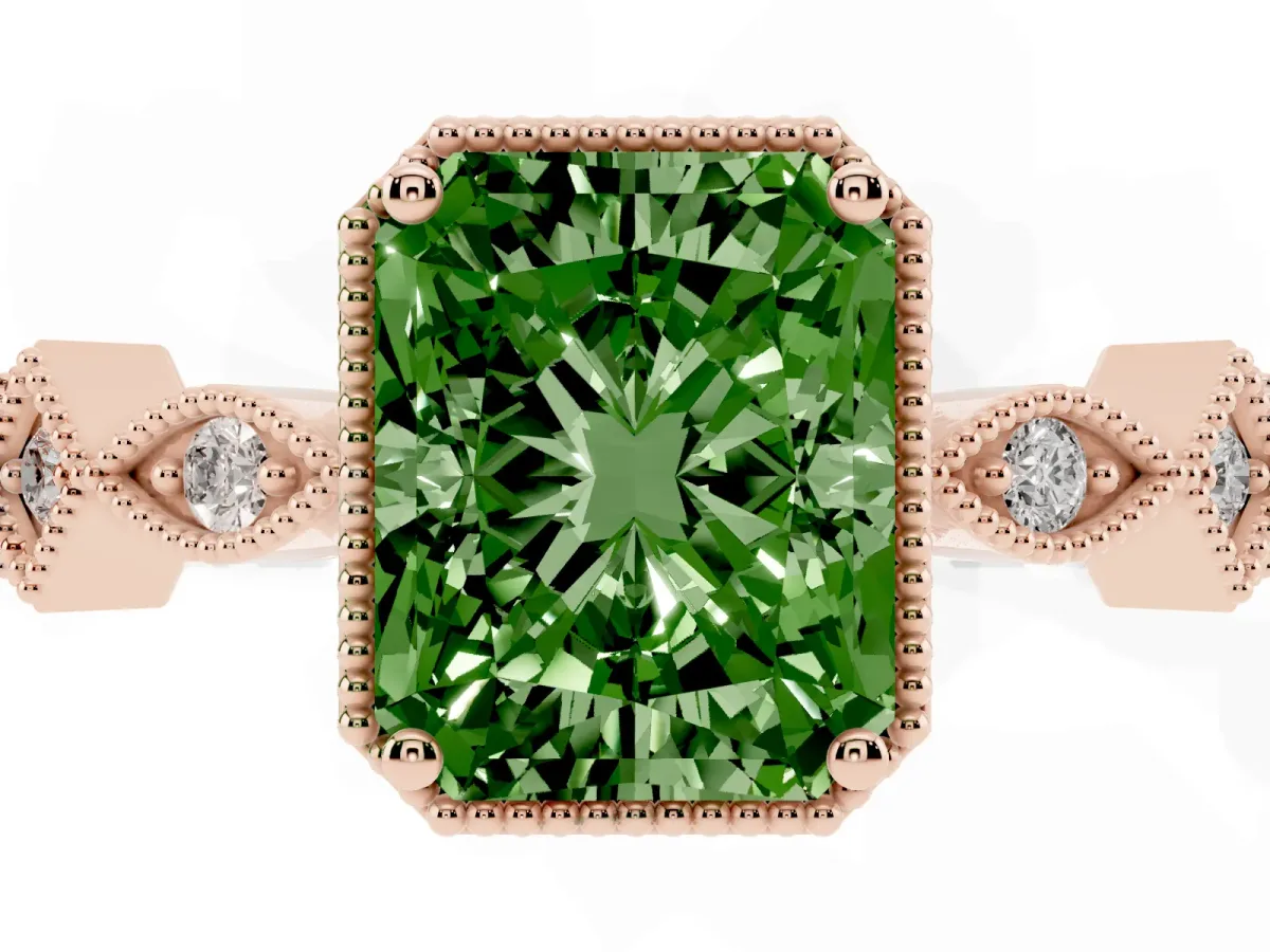 Fancy Green Radiant Cut Milgrain Marquise Diamond Twist Band Ring Rose gold