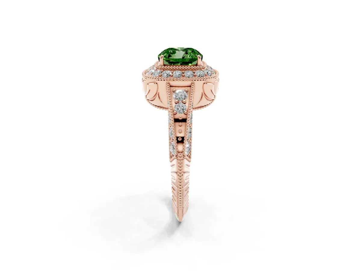 Fancy Green Cushion Cut Halo Diamond Split Shank Ring with Milgrain Detail Rose gold