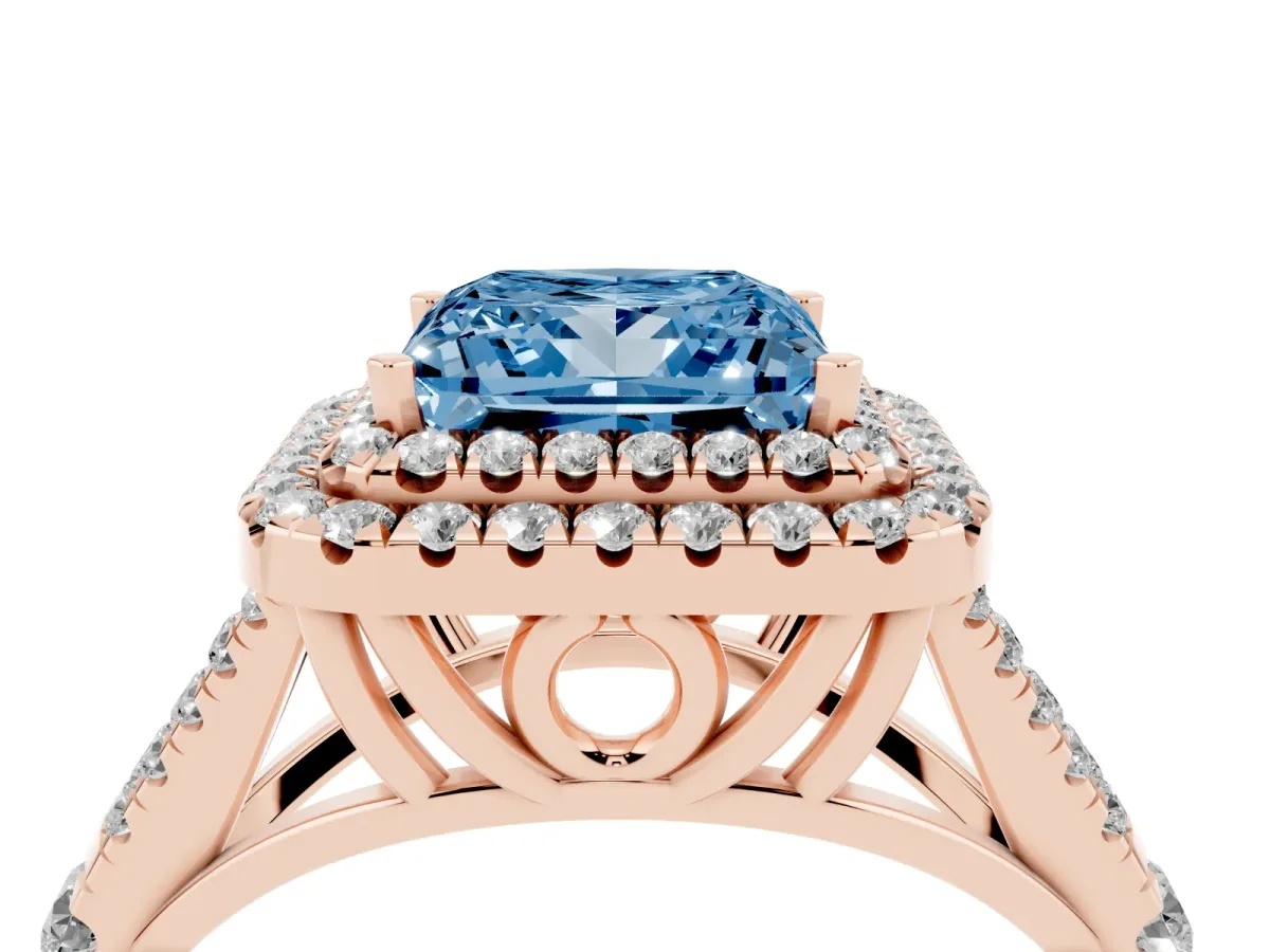 Fancy Blue Princess Cut Diamond Double Halo Ring with Split Shank and Prong Setting Rose gold